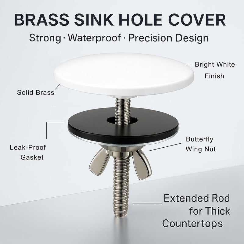 ROOGSIH 2 Pcs Solid Brass Kitchen Sink Hole Cover, 2 Inch Faucet Hole Cover, Bright White Finish Tap Hole Plate Stopper Cover, Countertop Hole Cover for Kitchen and Bathroom Sinks (Bright White) - Image 3